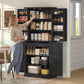 Black pantry cabinet with open shelves and door racks holding jars, bottles, and pantry goods