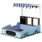 Blue wooden sandbox with canopy top and bench seating, chalkboard side panel visible