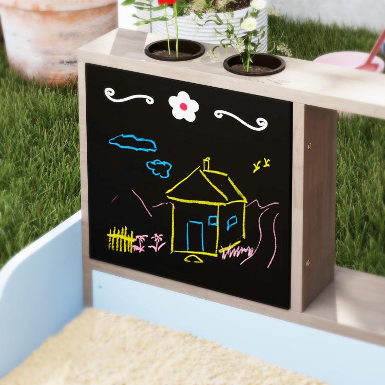 Kids wooden sandbox with canopy, chalkboard front panel with colorful farm drawings