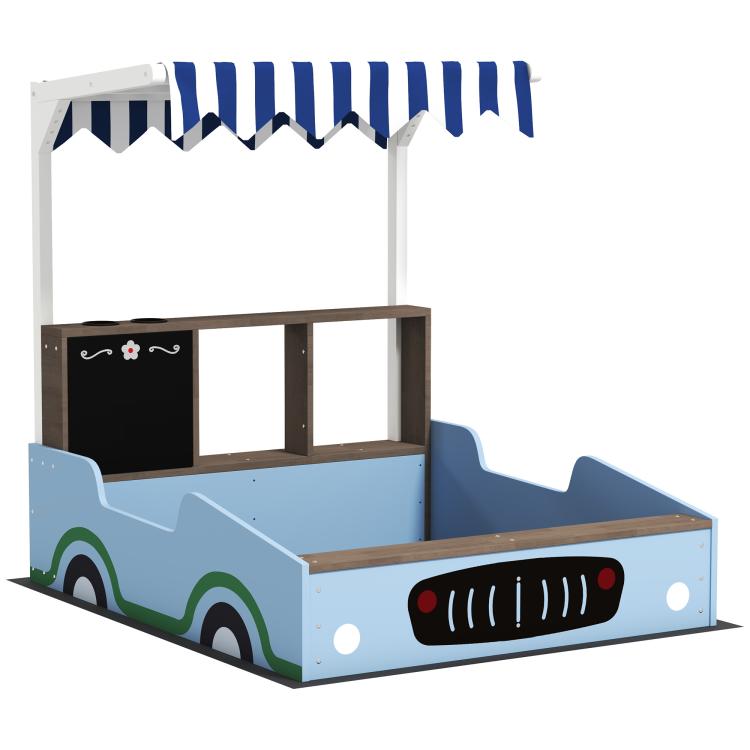 Kids wooden sandbox playhouse with blue wagon-style sides and striped canopy roof