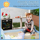 Blue wooden sandbox play area with chalkboard panel, canopy, and bench seating