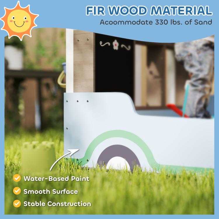 Blue sandbox with fir wood look, smooth surface and chalkboard panel