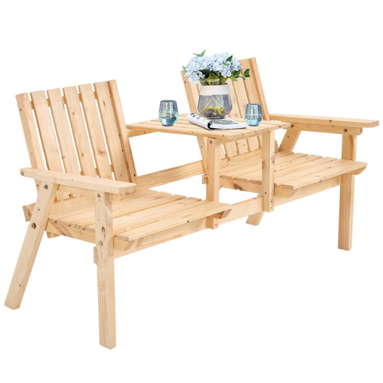 Natural wood patio bench with slatted seats and center table for drinks