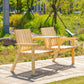 Natural wood garden bench with slatted backrests and center table under open space