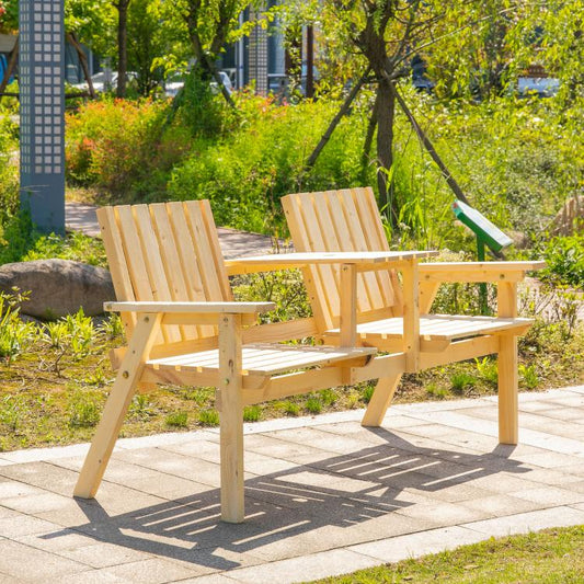 Natural wood garden bench with slatted backrests and center table under open space