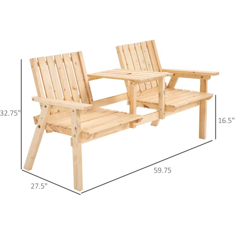 Natural wood outdoor bench with two slatted seats and center table