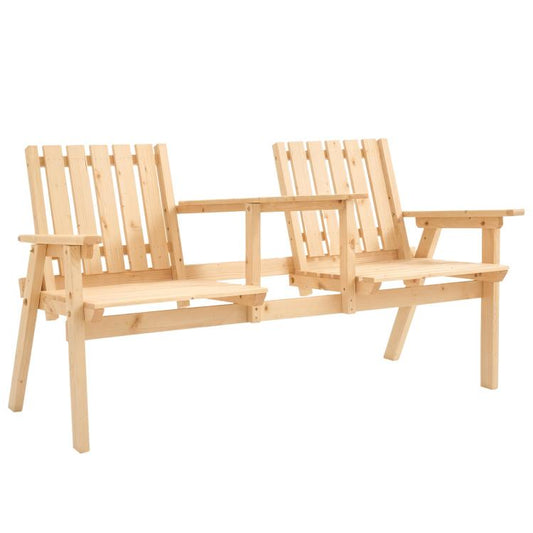 Natural wood patio bench with slatted backrests, arms, and a center table