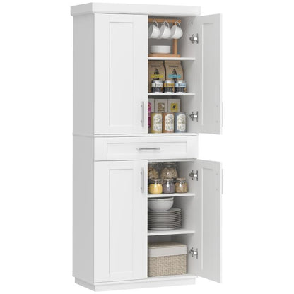 White freestanding pantry cabinet with upper and lower doors, drawer, and open shelves
