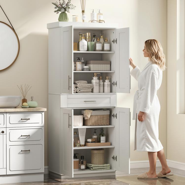 White freestanding pantry cabinet with open shelves, doors, and bottom drawer