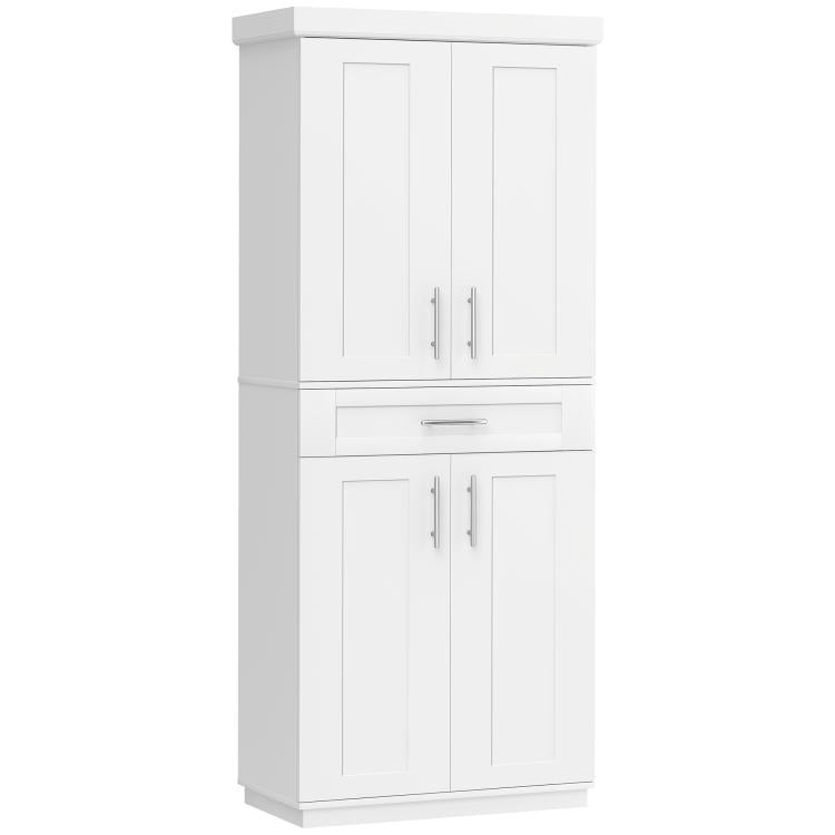 White freestanding pantry cabinet with four doors and a center drawer