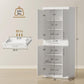 White pantry cabinet with labeled dimensions and open interior shelves