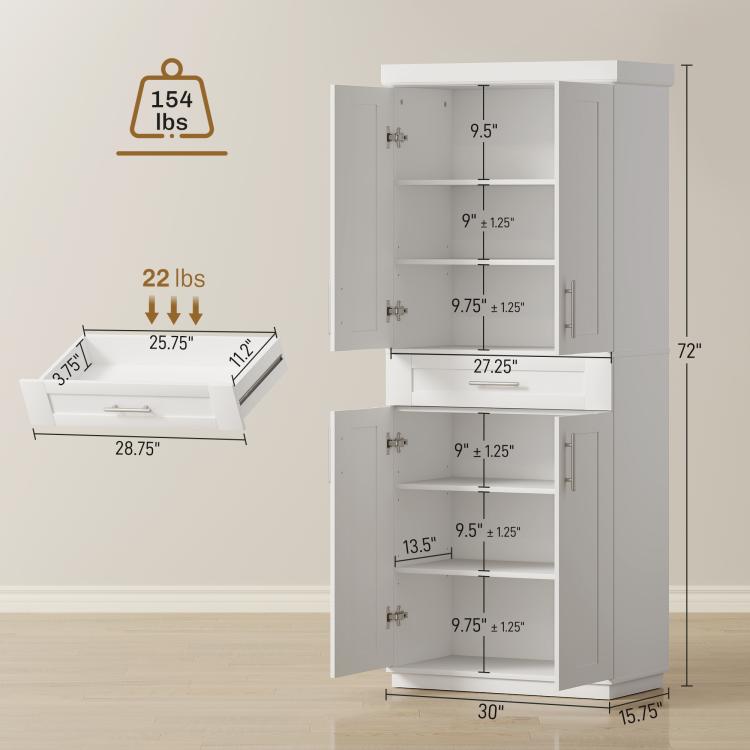 White pantry cabinet with labeled dimensions and open interior shelves