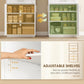 White pantry cabinet with adjustable shelves, door storage compartments, and drawer area