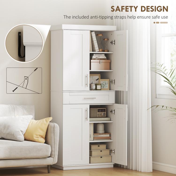 White pantry cabinet infographic showing anti-tip safety straps and open shelving