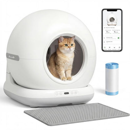 White enclosed automatic cat litter box with round doorway and gray litter mat