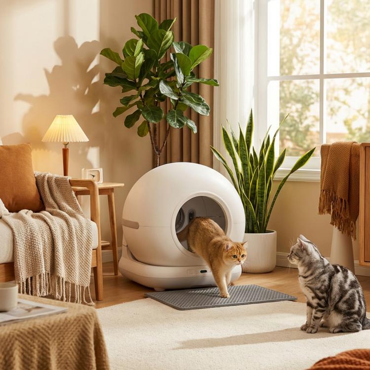 Automatic self-cleaning litter box, white dome with circular entrance on a gray mat