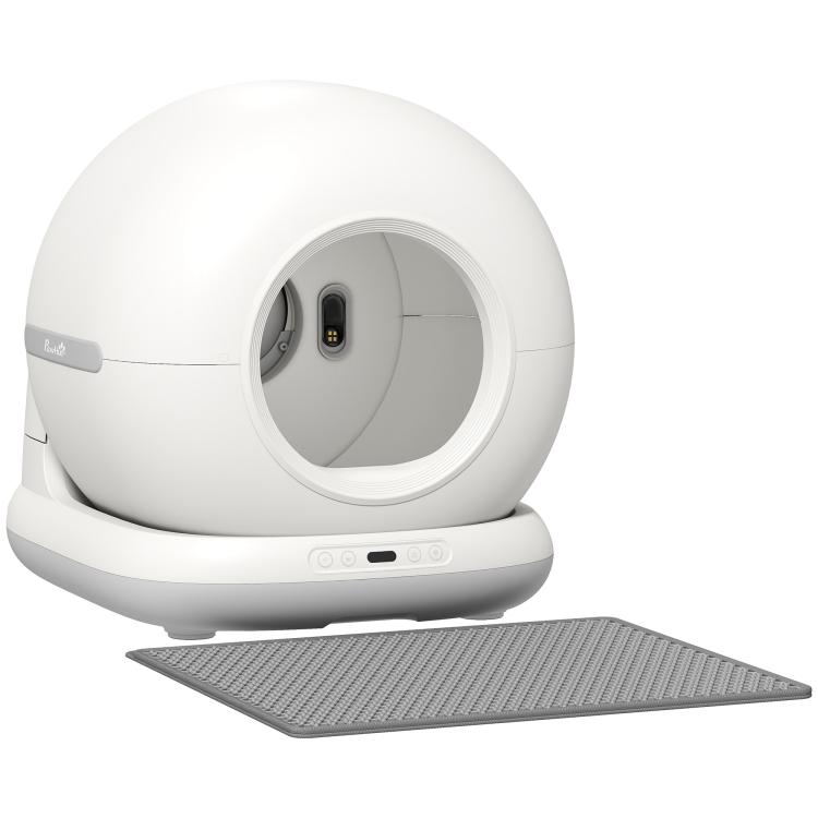 White automatic litter box with circular entry, gray mat, and front control panel LEDs