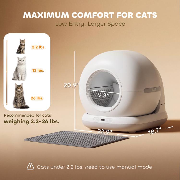 White enclosed cat litter box with round doorway and gray litter mat, size diagram