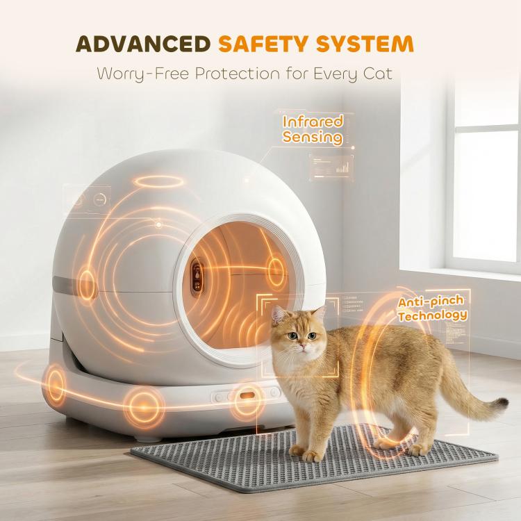 White enclosed cat litter box with round doorway and gray litter mat, safety sensing glow