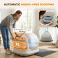 White enclosed cat litter box with gray mat, hands-free scooping illustration