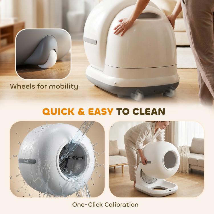 White enclosed cat litter box on wheels with gray litter mat; cleaning illustration shown