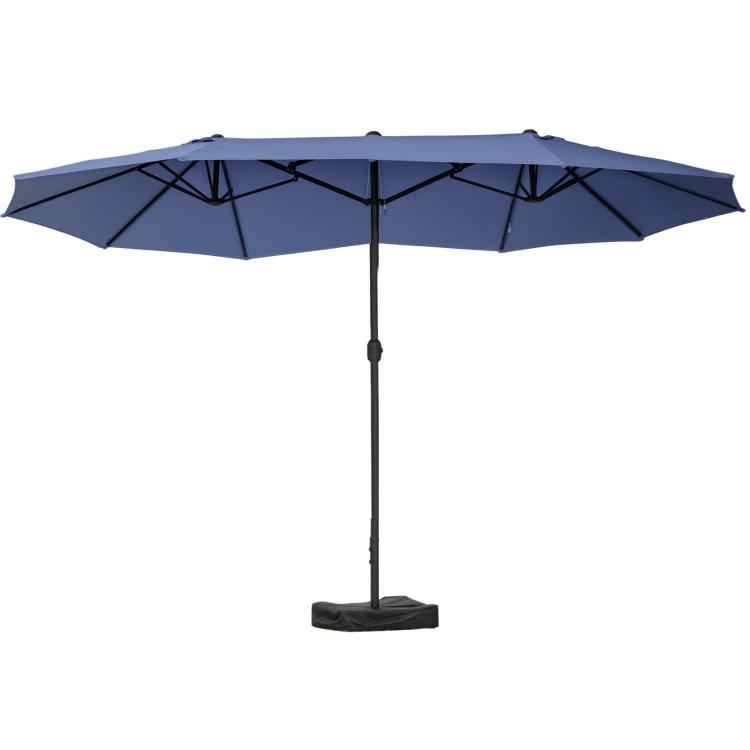 Dark blue rectangular patio market umbrella with open canopy and covered base