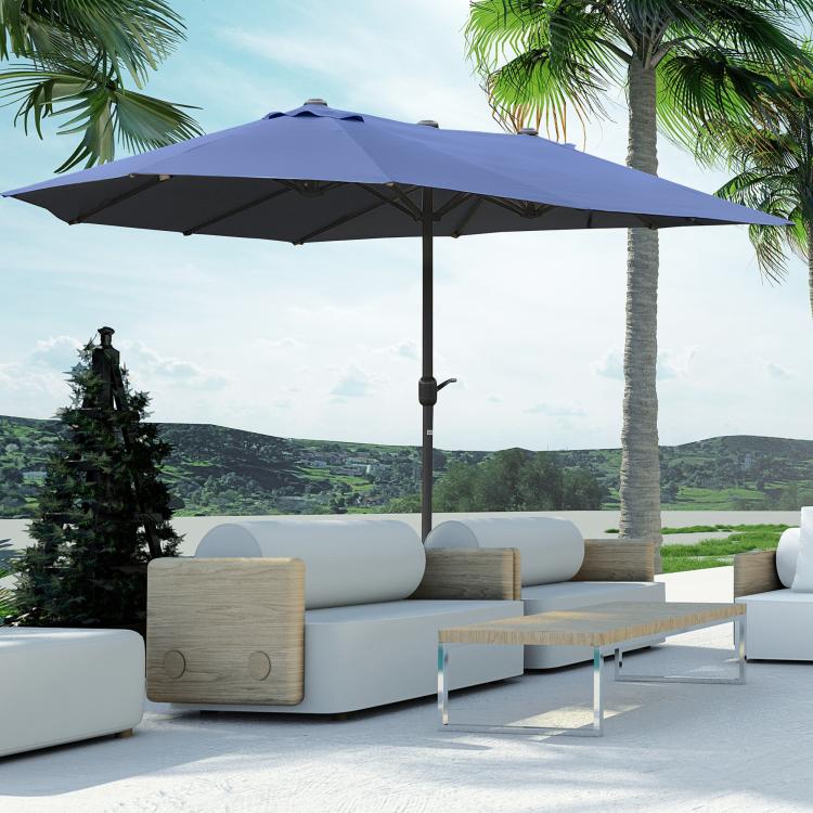 Dark blue rectangular market umbrella shading outdoor patio seating