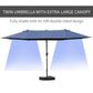 Dark blue double-sided patio market umbrella with open rectangular canopy