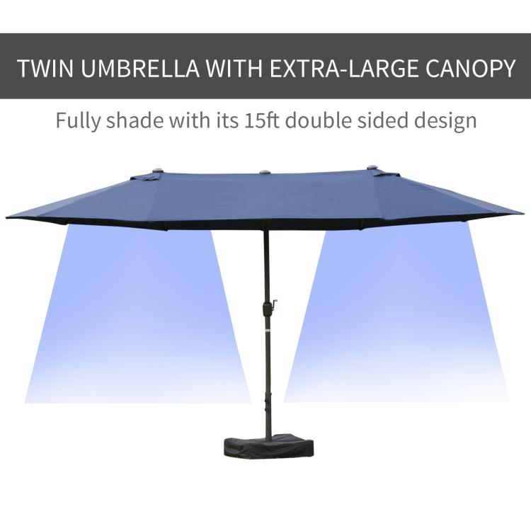 Dark blue double-sided patio market umbrella with open rectangular canopy
