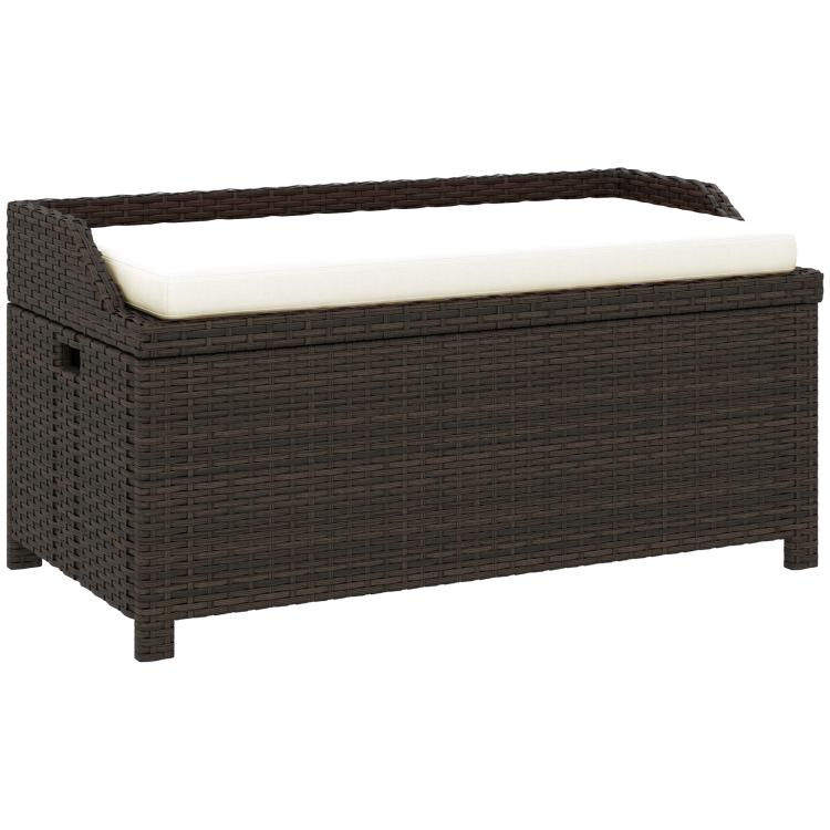 Outdoor wicker storage bench with white cushion and front storage panel, angled view