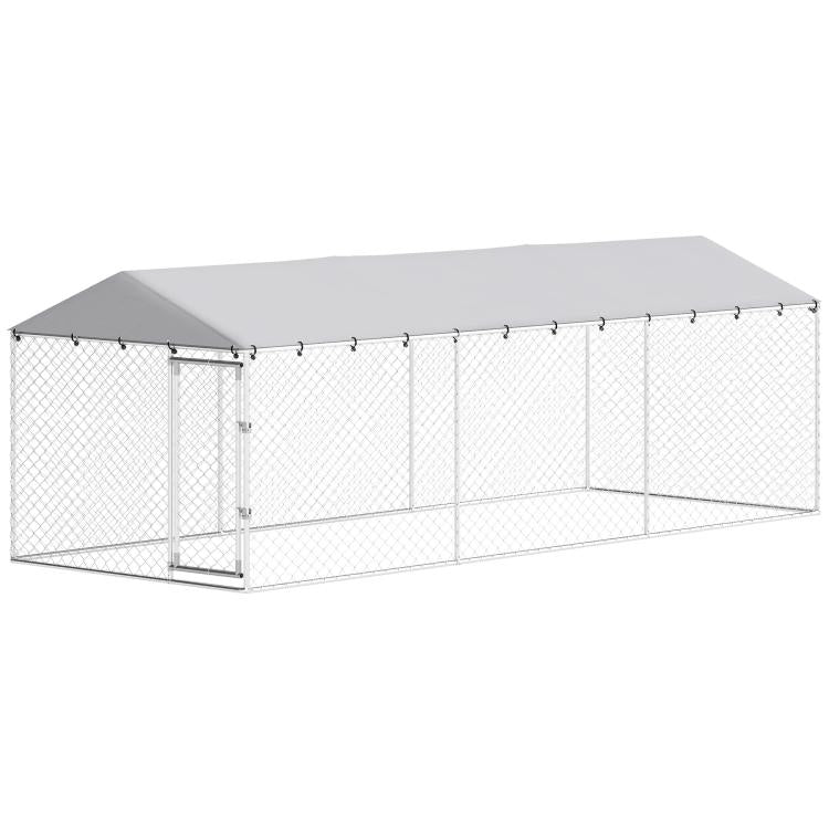 Outdoor dog kennel with silver chain-link sides and sloped waterproof roof, no animals shown