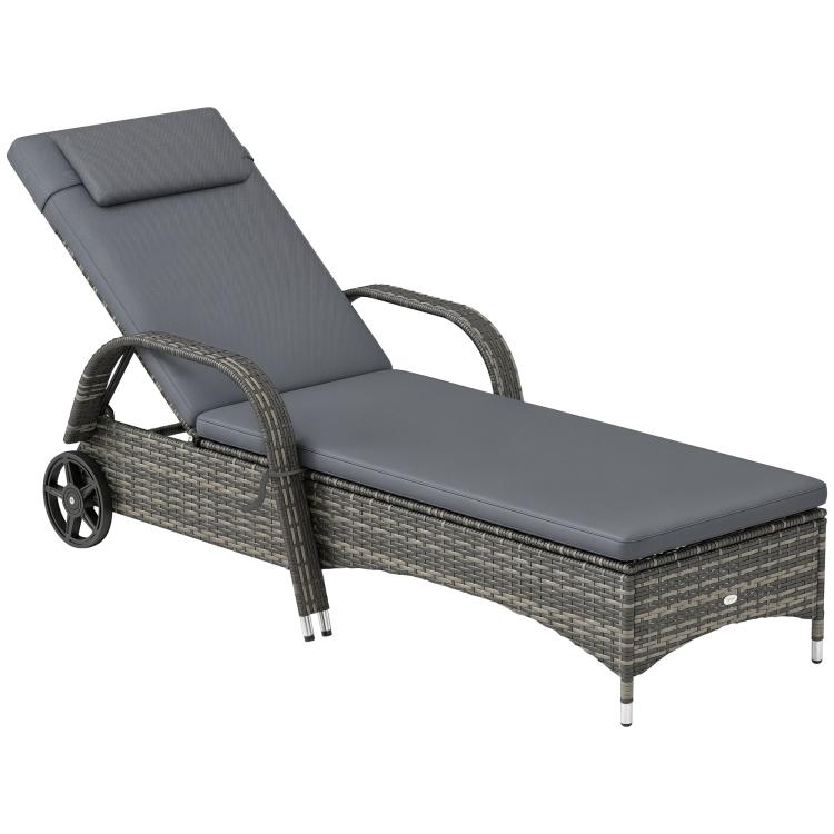 Gray padded outdoor chaise lounge chair with woven rattan frame and two caster wheels