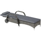 Gray cushioned outdoor chaise lounge with woven rattan base and adjustable backrest