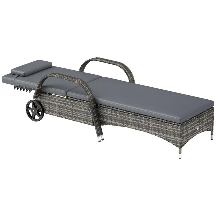 Gray cushioned outdoor chaise lounge with woven rattan base and adjustable backrest