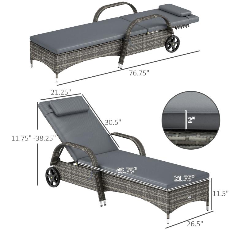 Gray cushioned adjustable chaise lounge chair with woven rattan frame and caster wheels