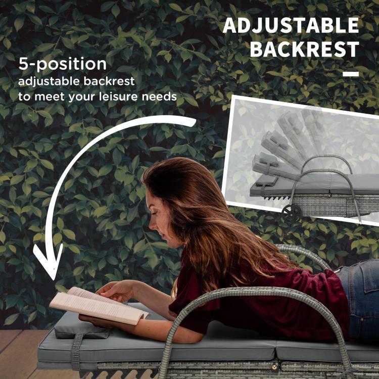 Adjustable backrest outdoor chaise lounge with gray cushions on a woven rattan base