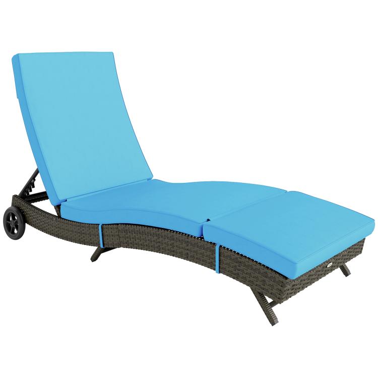 Outdoor chaise lounge chair with sky blue adjustable backrest cushion and dark wicker base