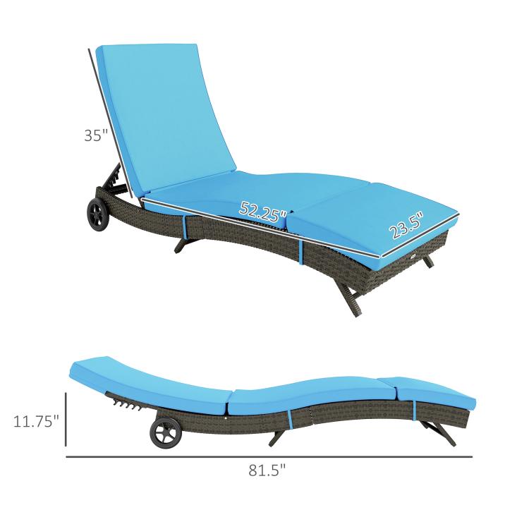 Sky blue chaise lounge chair with adjustable backrest and two wheels, side-view with measurements