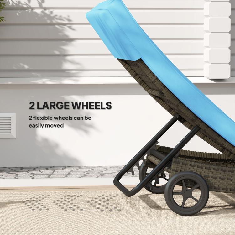 Outdoor chaise lounge chair showing large wheels and dark wicker frame with sky blue cushion