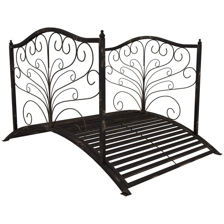 Dark bronze metal garden bridge with decorative scrollwork guardrails and grate deck