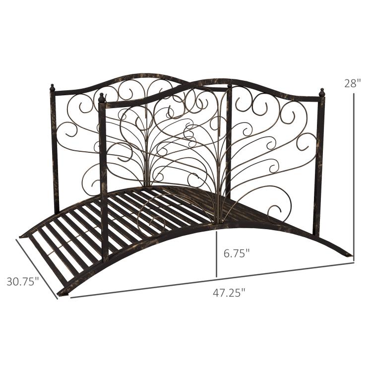 Dark bronze metal garden bridge with arched top, scrollwork side panels, and slatted deck.