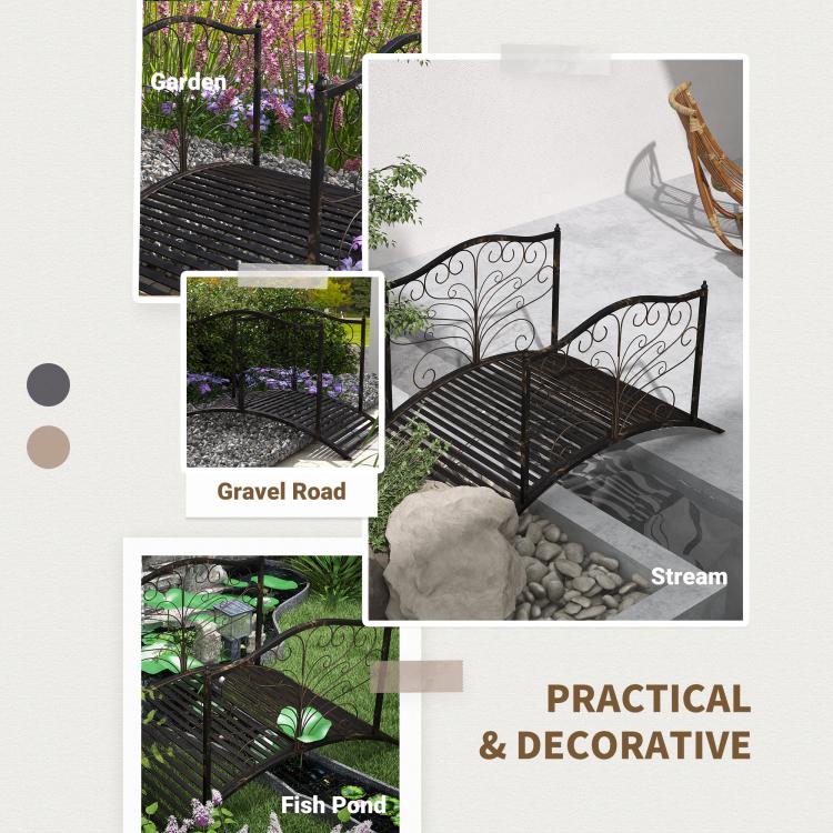 Dark bronze arched metal garden bridge with ornate scroll side panels and slatted deck.