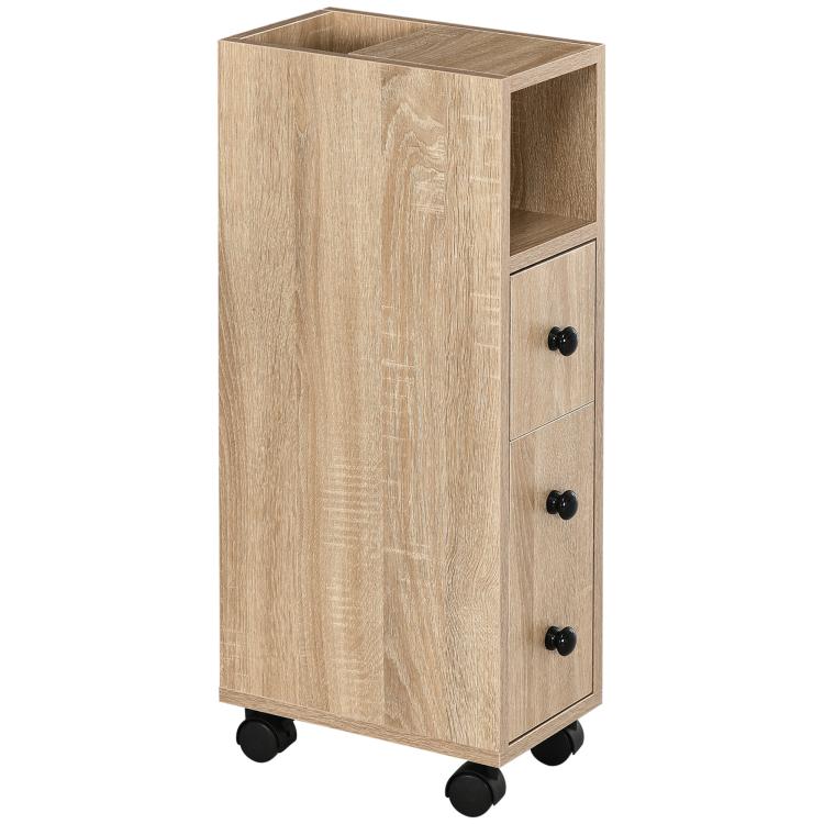 Freestanding oak cabinet with open top shelf, door cabinet, and rolling wheels