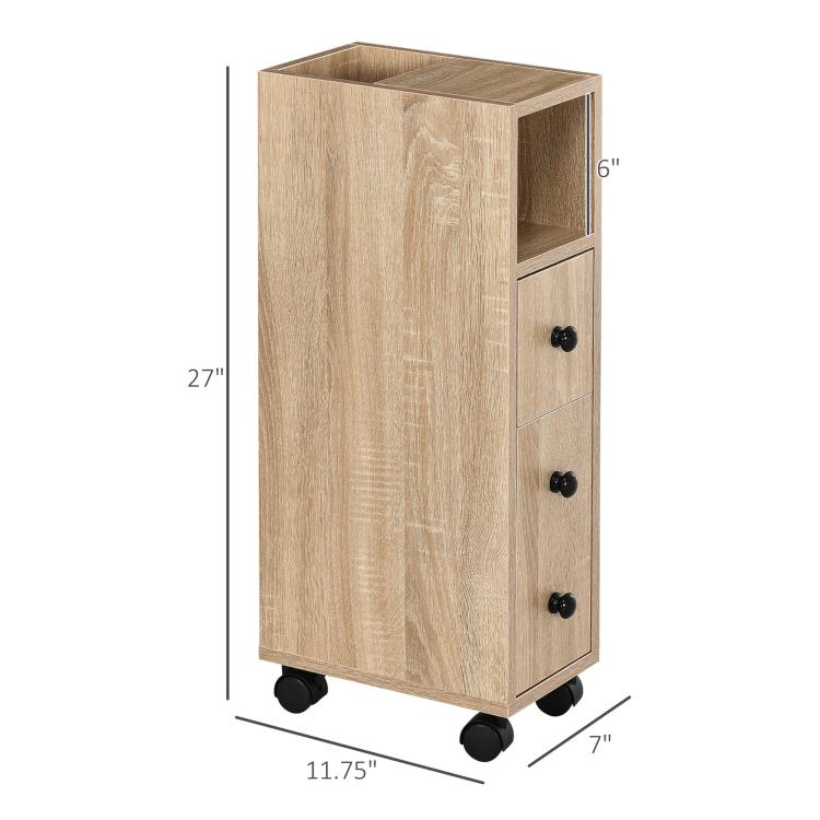 Oak bathroom cabinet on 4 rolling wheels with open shelf and door cabinet
