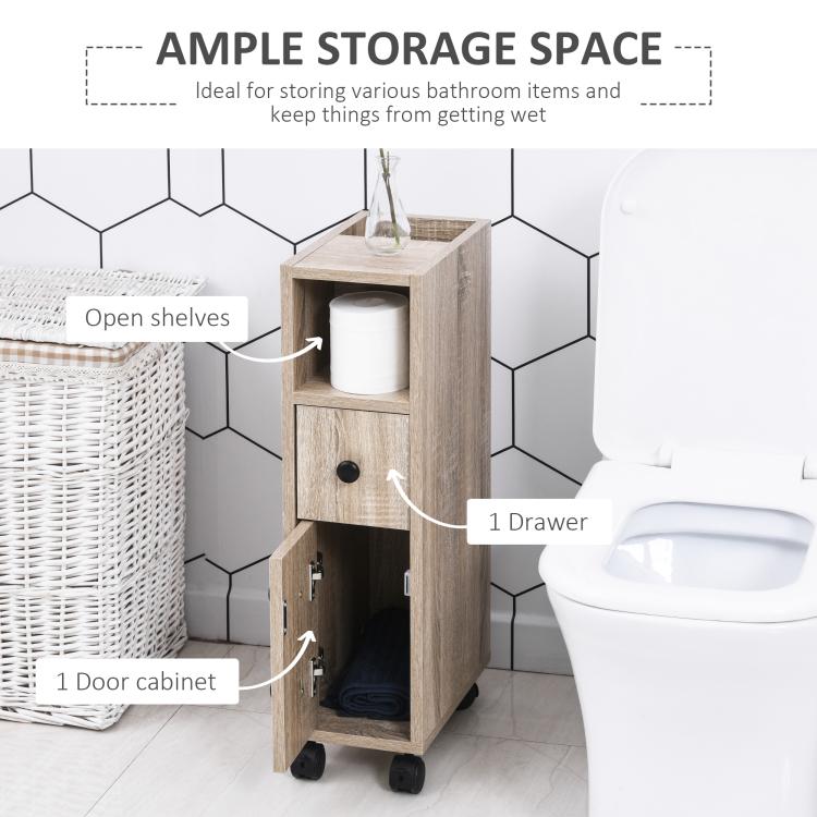Oak bathroom cabinet with open shelves and single drawer, on rolling caster wheels