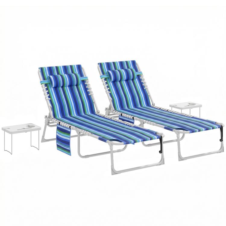 Set of 2 blue striped folding tanning chairs with side tables and face openings