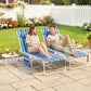 Blue striped folding outdoor chaise lounge chairs with adjustable recline, two-person view