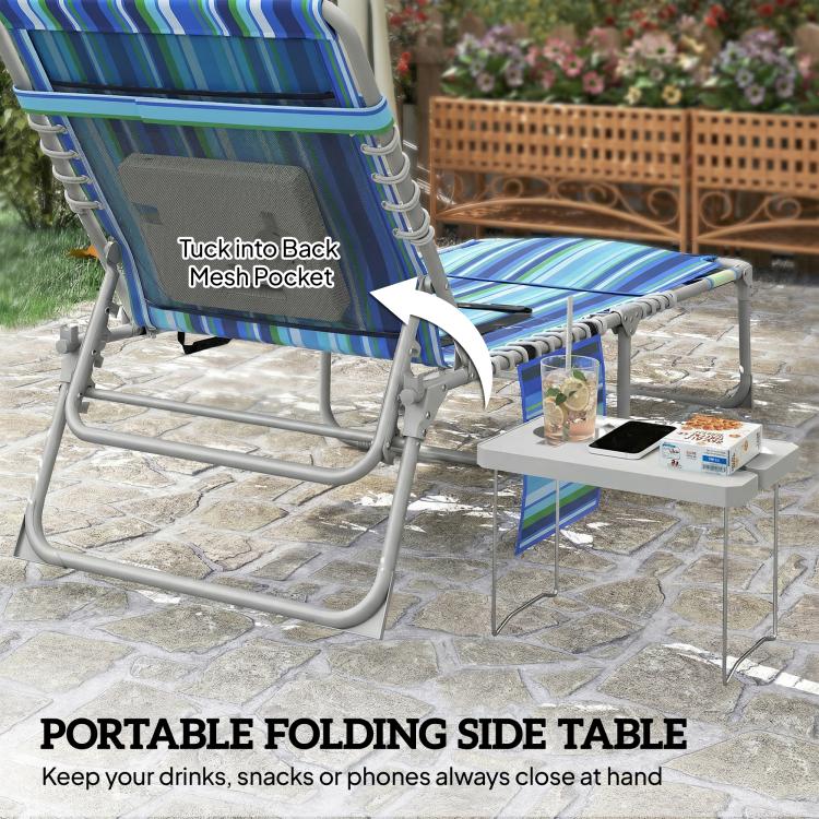 Blue striped chaise lounge chair with back mesh pocket and portable folding side table