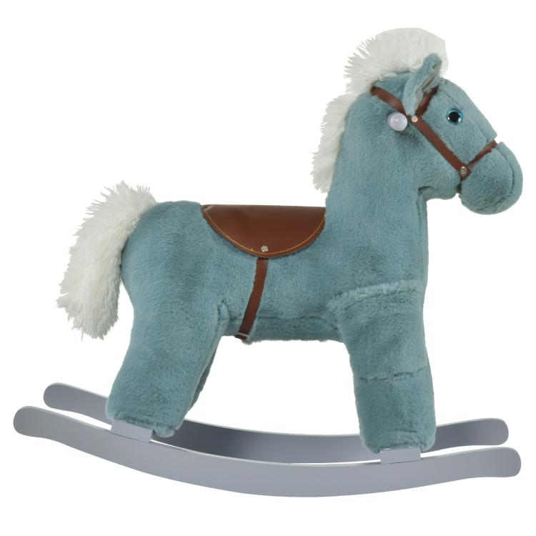 Blue plush rocking horse with brown saddle, white mane, and bear plush