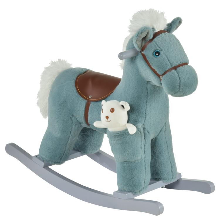 Blue plush rocking horse with brown saddle and white bear plush toy, full view